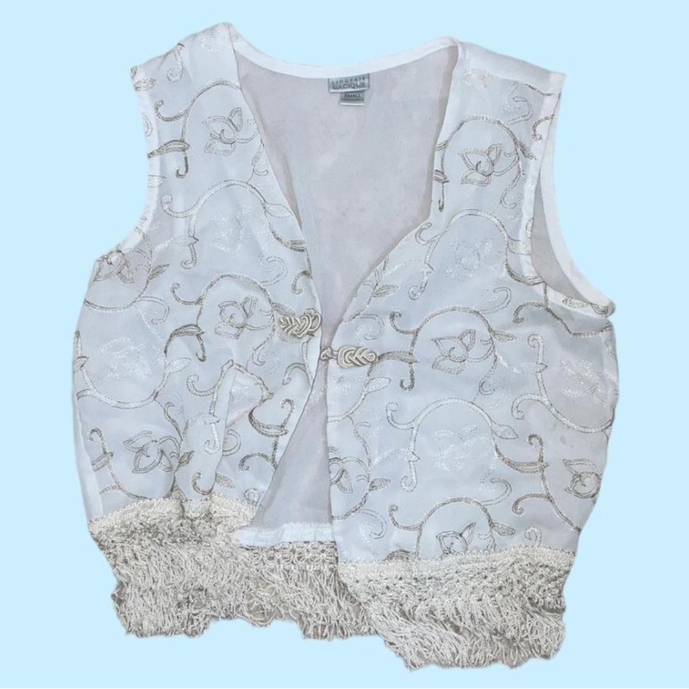 Vintage White Embroidered Vest with Fringe
